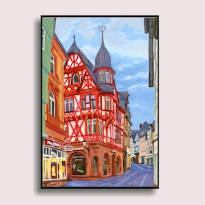 Pu&ograve; includere: Dipinto a olio di una scena di strada europea. Il punto focale &egrave; un edificio a graticcio rosso e bianco con un campanile scuro. Altri edifici costeggiano la strada, dipinti in vari colori. Un cielo blu con nuvole riempie lo sfondo.