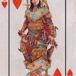 May include: Illustration of the Jack of Hearts playing card. The card features a warrior figure with an owl on their shoulder, wearing armor and holding a sword. The card's corners display the suit symbol and the letter "J".