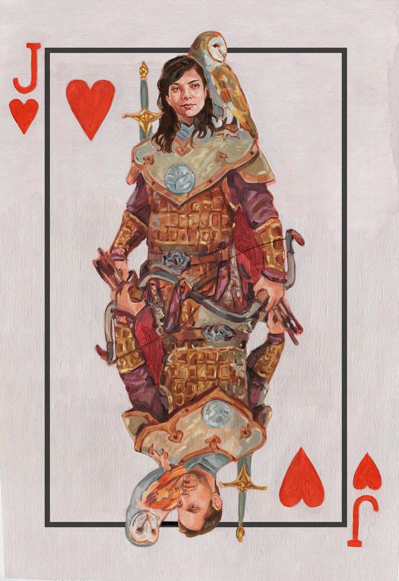 May include: Illustration of the Jack of Hearts playing card. The card features a warrior figure with an owl on their shoulder, wearing armor and holding a sword. The card's corners display the suit symbol and the letter "J".