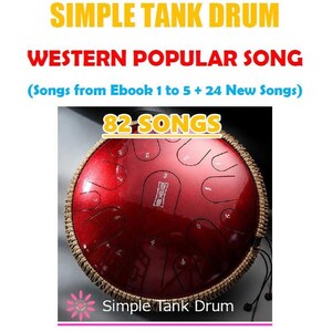 May include: A red Simple Tank Drum with the text "82 SONGS" and "WESTERN POPULAR SONG". The image also includes the text "Simple Tank Drum" and "SIMPLE TANK DRUM YOUTUBE CHANNEL".