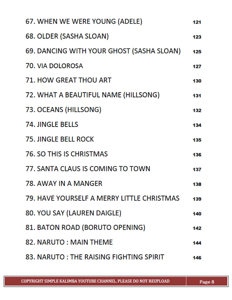 May include: A list of songs with their corresponding numbers. The list includes popular songs such as "When We Were Young" by Adele, "Older" by Sasha Sloan, and "Jingle Bells".