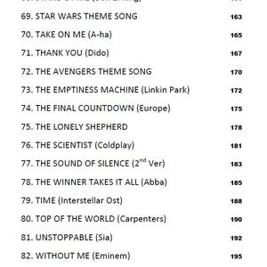 May include: A white printed page with a list of song titles and page numbers. Titles include "Star Wars Theme Song", "Take On Me", and "The Final Countdown". The text "COPYRIGHT SIMPLE TANK DRUM YOUTUBE CHANNEL. PLEASE DO NOT REUPLOAD" is at the bottom.