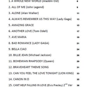 May include: A white paper titled "SONG LIST" with a list of 15 songs and their corresponding page numbers. The list includes songs like "A Whole New World," "All of Me," and "Bohemian Rhapsody."