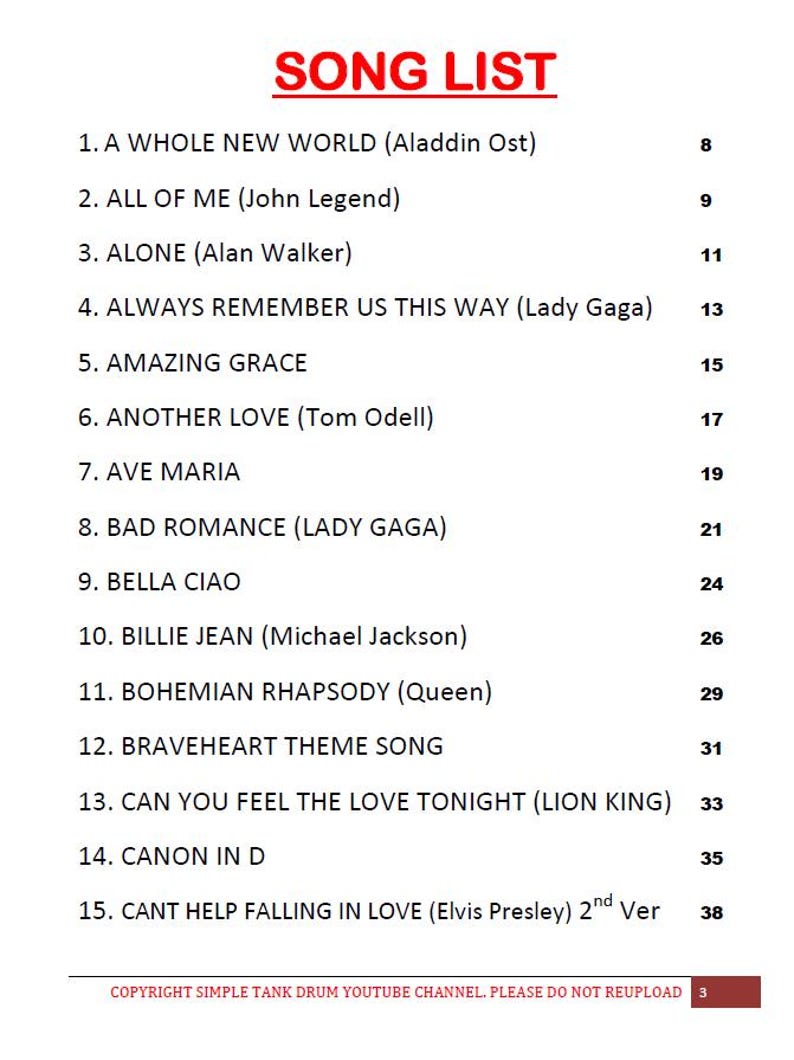 May include: A white paper titled "SONG LIST" with a list of 15 songs and their corresponding page numbers. The list includes songs like "A Whole New World," "All of Me," and "Bohemian Rhapsody."