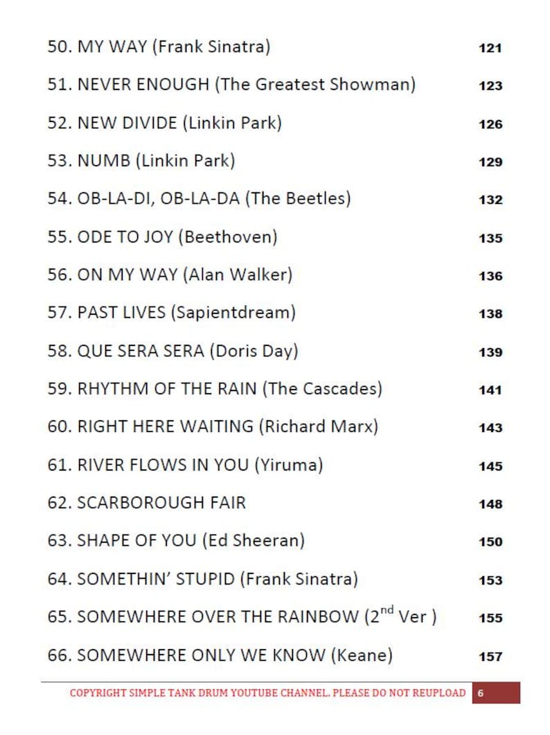 May include: A list of song titles and artists, including "MY WAY" by Frank Sinatra and "NEVER ENOUGH" from The Greatest Showman. The text is in black font on a white background. The page number is 6.
