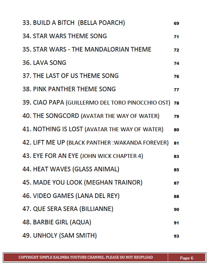 May include: A list of popular songs with their corresponding numbers. The list includes songs like "Build a B*tch", "Star Wars Theme Song", "Lava Song", and "Unholy".