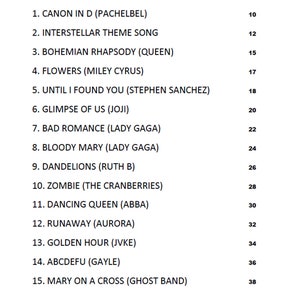 May include: A list of 15 songs with their corresponding track numbers and artists. The list is titled "SONG LIST" and includes songs like "Canon in D" by Pachelbel, "Interstellar Theme Song", "Bohemian Rhapsody" by Queen, and "Flowers" by Miley Cyrus. The list ends with "COPYRIGHT SIMPLE KALIMBA YOUTUBE CHANNEL. PLEASE DO NOT REUPLOAD" and "Page 4".