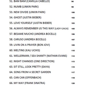 May include: A list of popular songs with their corresponding numbers and artists. The list includes songs such as "Infinity" by James Young, "Bam Bam" by Camilla Cabello, and "Numb" by Linkin Park. The list is numbered from 50 to 66.
