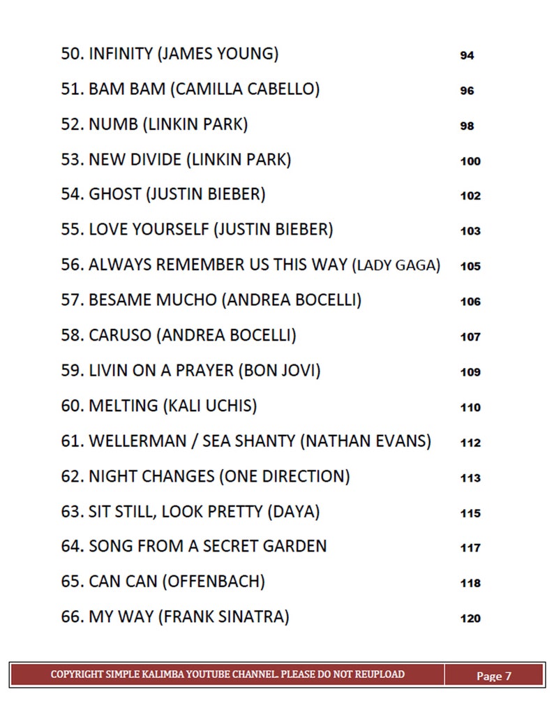 May include: A list of popular songs with their corresponding numbers and artists. The list includes songs such as "Infinity" by James Young, "Bam Bam" by Camilla Cabello, and "Numb" by Linkin Park. The list is numbered from 50 to 66.