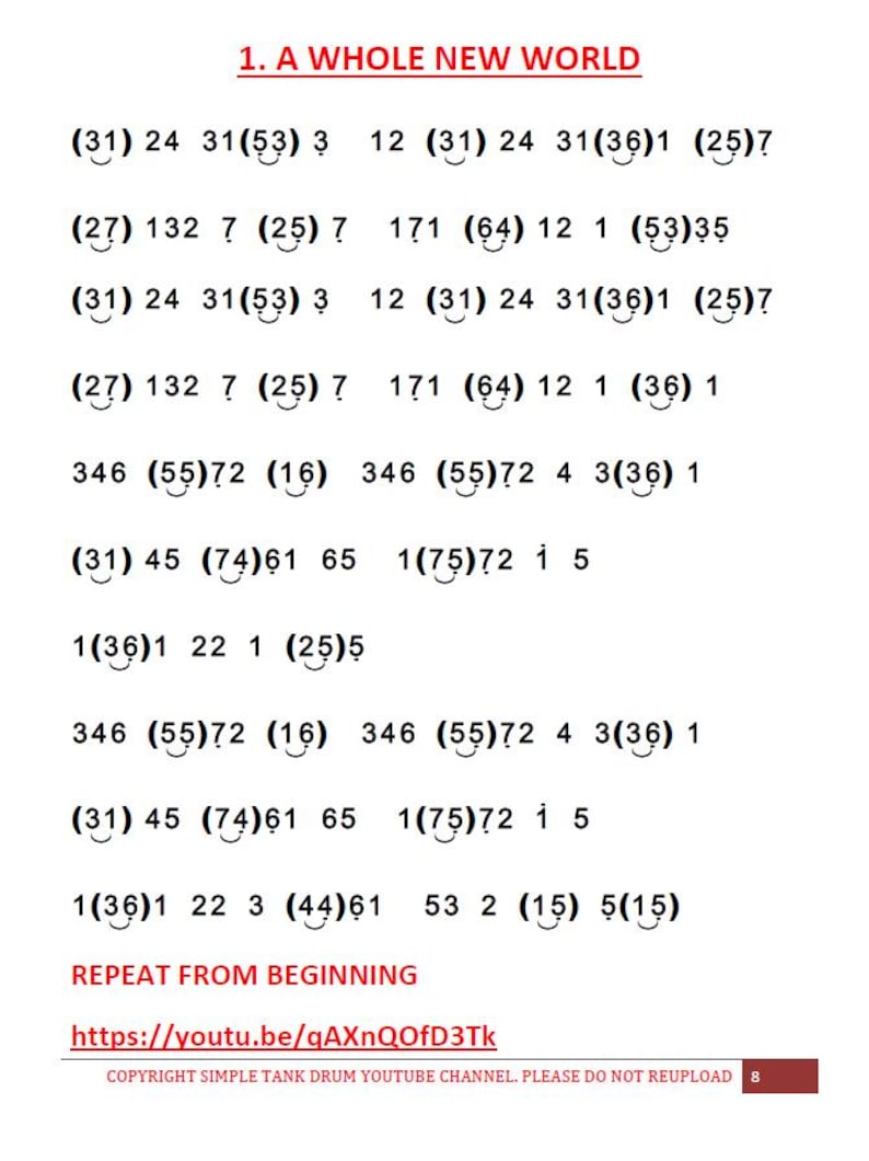 May include: A white page with the title "1. A WHOLE NEW WORLD" and musical notation. The text includes numbers and symbols, with a YouTube link at the bottom. The copyright notice states "COPYRIGHT SIMPLE TANK DRUM YOUTUBE CHANNEL. PLEASE DO NOT REUPLOAD".