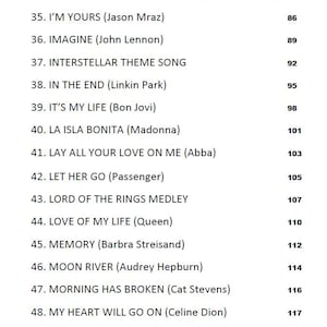May include: A list of song titles and artists, including "I Dreamed a Dream," "Imagine," and "My Heart Will Go On." Each song is numbered and followed by a page number. The bottom of the page has a copyright notice.