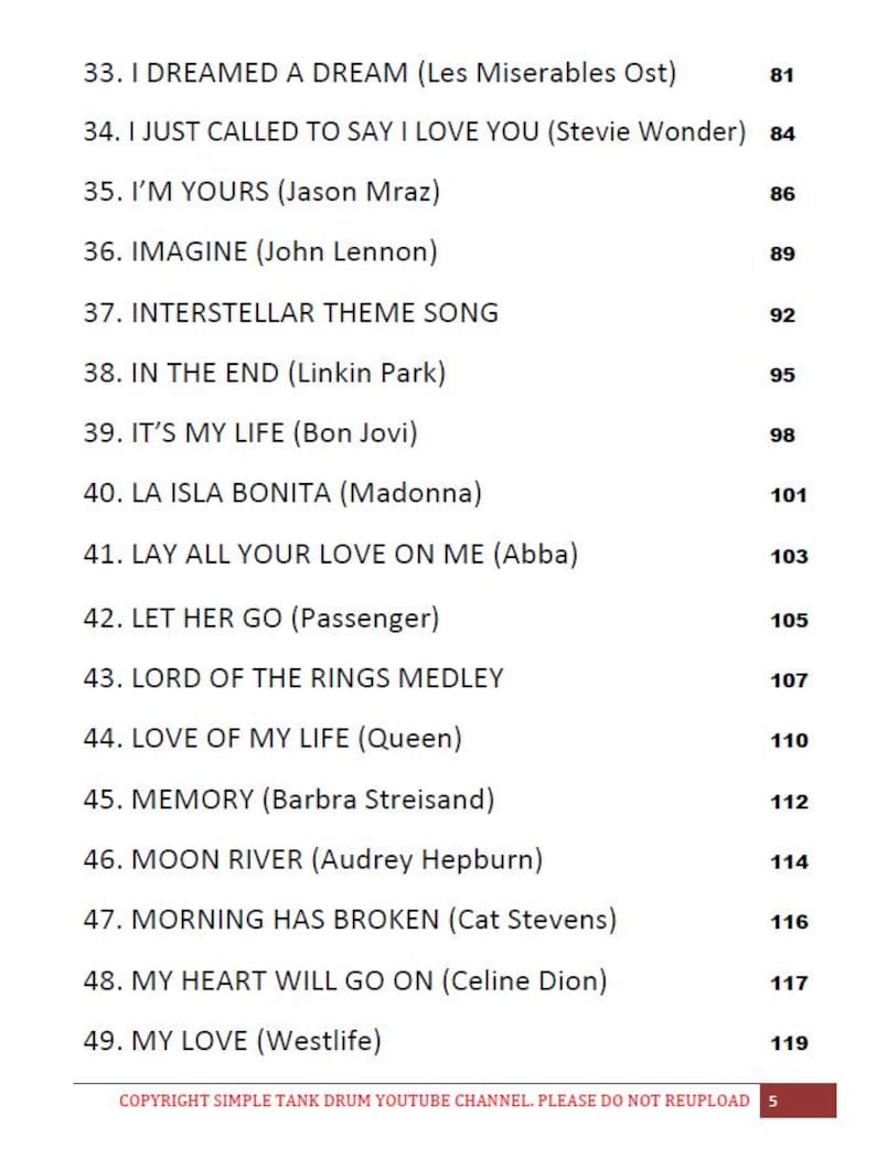 May include: A list of song titles and artists, including "I Dreamed a Dream," "Imagine," and "My Heart Will Go On." Each song is numbered and followed by a page number. The bottom of the page has a copyright notice.