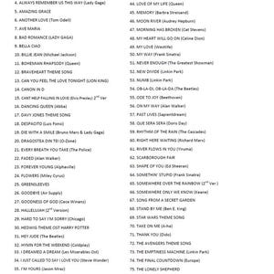 May include: A printed song list featuring a variety of song titles and artists, including "Bohemian Rhapsody" by Queen and "My Way" by Frank Sinatra. The list is organized with numbered entries and includes a range of genres.