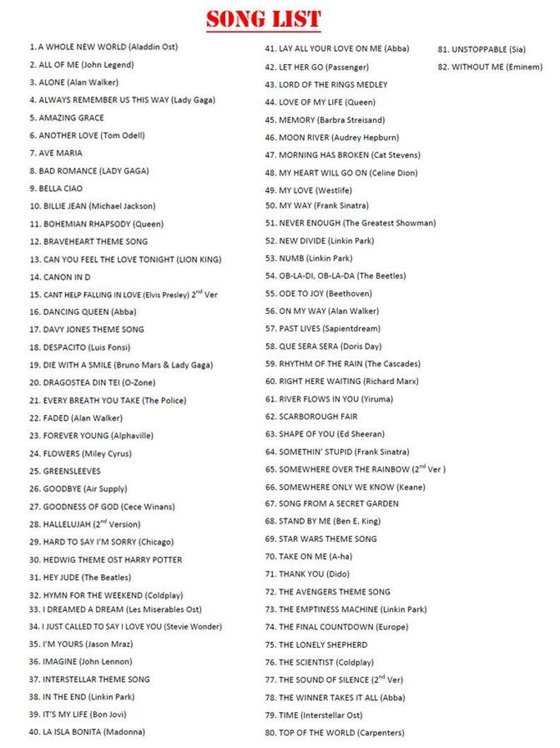 May include: A printed song list featuring a variety of song titles and artists, including "Bohemian Rhapsody" by Queen and "My Way" by Frank Sinatra. The list is organized with numbered entries and includes a range of genres.