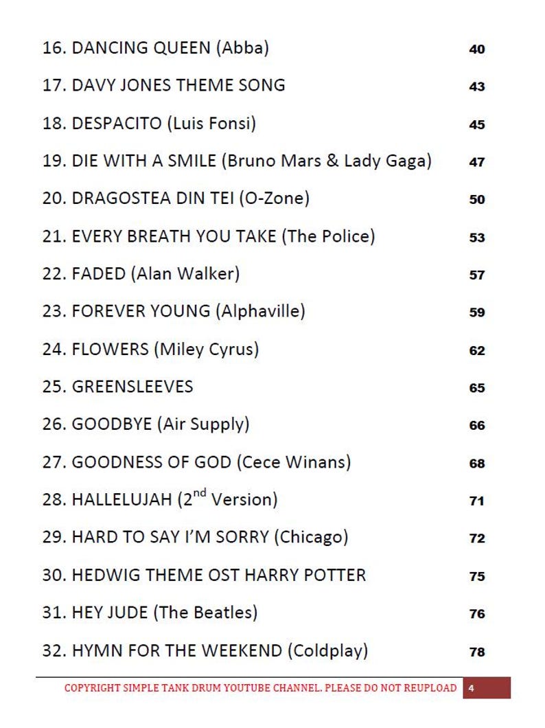 May include: A list of song titles and artists, including "Dancing Queen" by ABBA, "Despacito" by Luis Fonsi, and "Flowers" by Miley Cyrus. The numbers to the right of the titles are likely durations. The bottom of the image has a copyright notice.