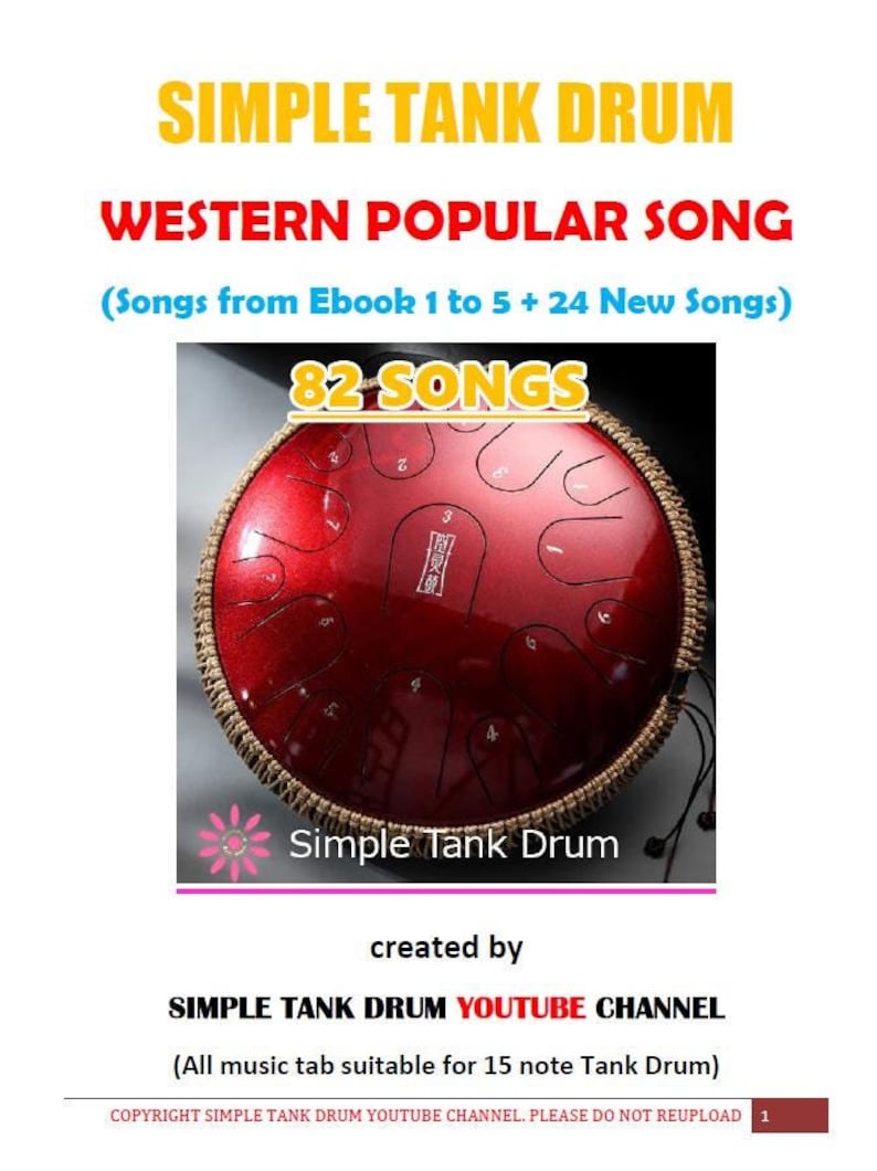May include: A red Simple Tank Drum with the text "82 SONGS" and "WESTERN POPULAR SONG". The image also includes the text "Simple Tank Drum" and "SIMPLE TANK DRUM YOUTUBE CHANNEL".