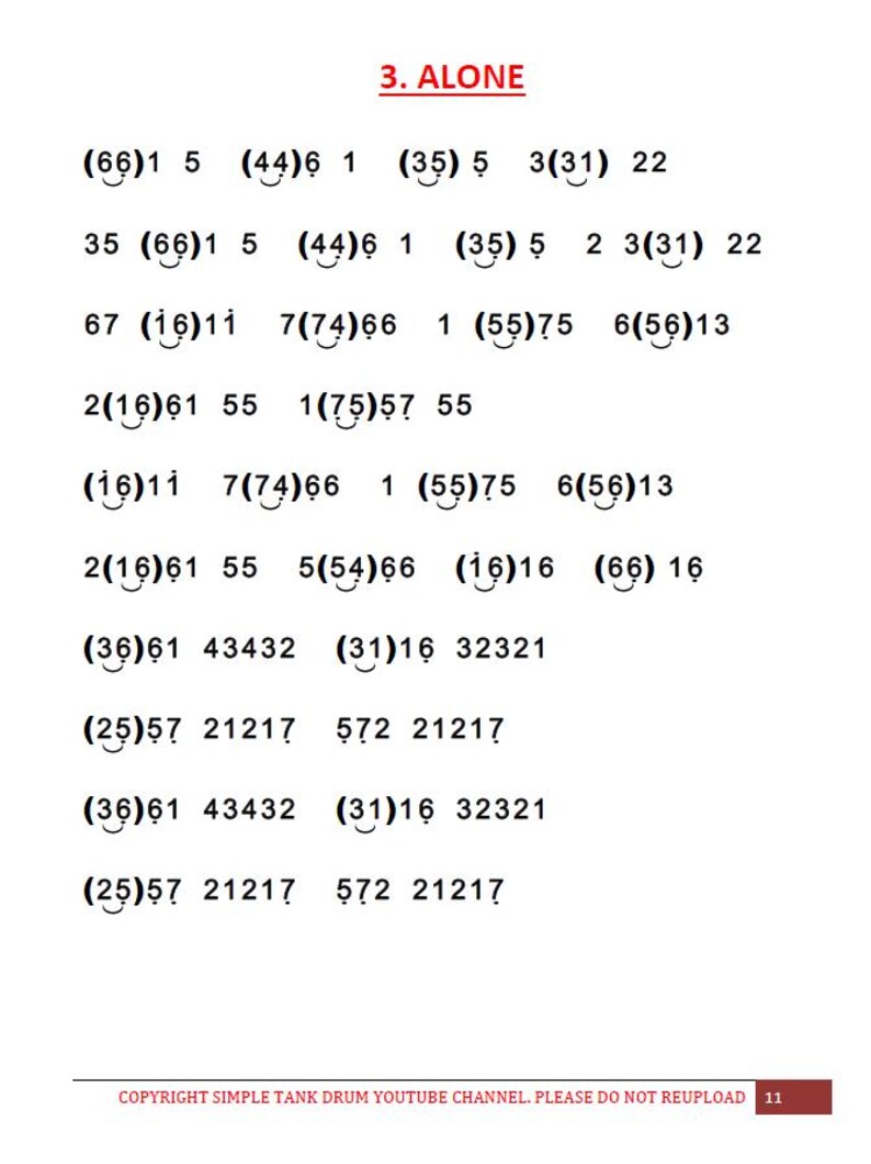May include: White sheet of paper with the title "3. ALONE" in red at the top. The page contains rows of numbers and symbols, likely musical notation or a code. The bottom of the page has a copyright notice.