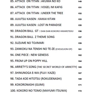 May include: A list of song titles and numbers, with the corresponding song number next to each title. The list includes songs from popular anime and video games, such as "Naruto", "Attack on Titan", "Jujutsu Kaisen", "Dragon Ball", and "One Piece".