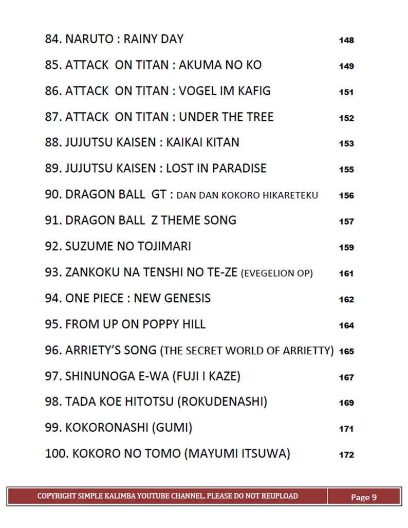 May include: A list of song titles and numbers, with the corresponding song number next to each title. The list includes songs from popular anime and video games, such as "Naruto", "Attack on Titan", "Jujutsu Kaisen", "Dragon Ball", and "One Piece".