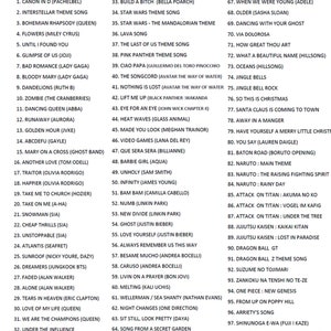 May include: A white and black song list featuring a range of popular songs, including "Canon in D", "Bohemian Rhapsody", "Bad Romance", "Traitor", "Take Me To Church", "Cheap Thrills", "Unstoppable", "Love Yourself", "When We Were Young", "Jingle Bells", "Naruto", "Attack on Titan", "Dragon Ball Z", "One Piece", and "Kokoro no Tomo".