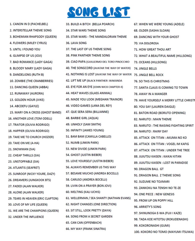 May include: A white and black song list featuring a range of popular songs, including "Canon in D", "Bohemian Rhapsody", "Bad Romance", "Traitor", "Take Me To Church", "Cheap Thrills", "Unstoppable", "Love Yourself", "When We Were Young", "Jingle Bells", "Naruto", "Attack on Titan", "Dragon Ball Z", "One Piece", and "Kokoro no Tomo".