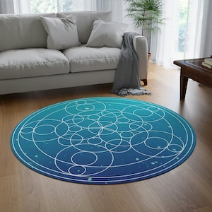 Round Rug Blue Geometric Rug Sacred Geometry Rug Blue Round Rug Sacred Geometry Mat Yoga Room Rug Meditation Room Decor Round Blue Carpet