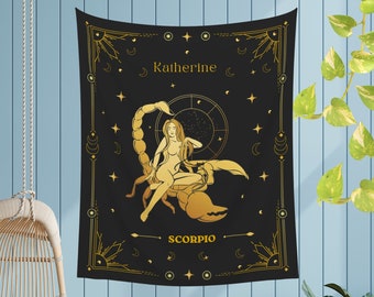 Zodiac Gift Personalized Tapestry With Name Zodiac Wall Hanging Star Sign Tapestry Zodiac Tapestries Capricorn Tapestries Scorpio Aries Leo