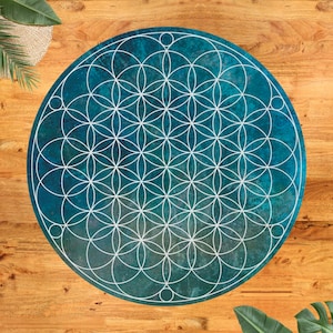 Round Rug Sacred Geometry Flower of Life Blue Round Carpet Spiritual Rugs Sacred Geometry Floor Rug Meditation Room Sound Room Yoga Mandala