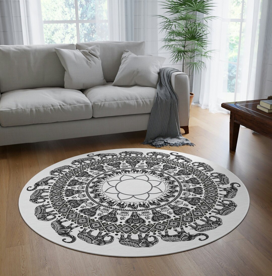 Round Rug Elephant Rug Elephant Mandala Rug Black and White Area Rug