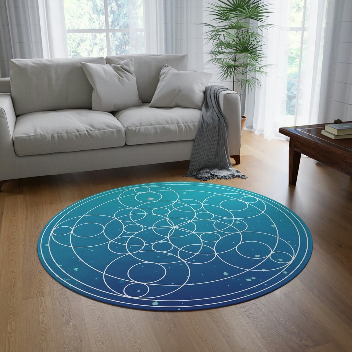 Round Rug Blue Geometric Rug Sacred Geometry Rug Blue Round Rug Sacred ...