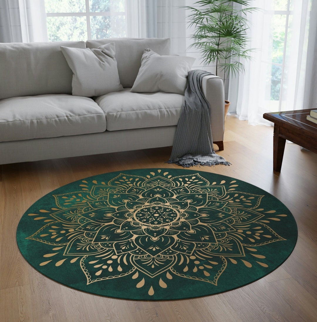Green and Gold Mandala Rug Round Mandala Rug Gold Flower Etsy