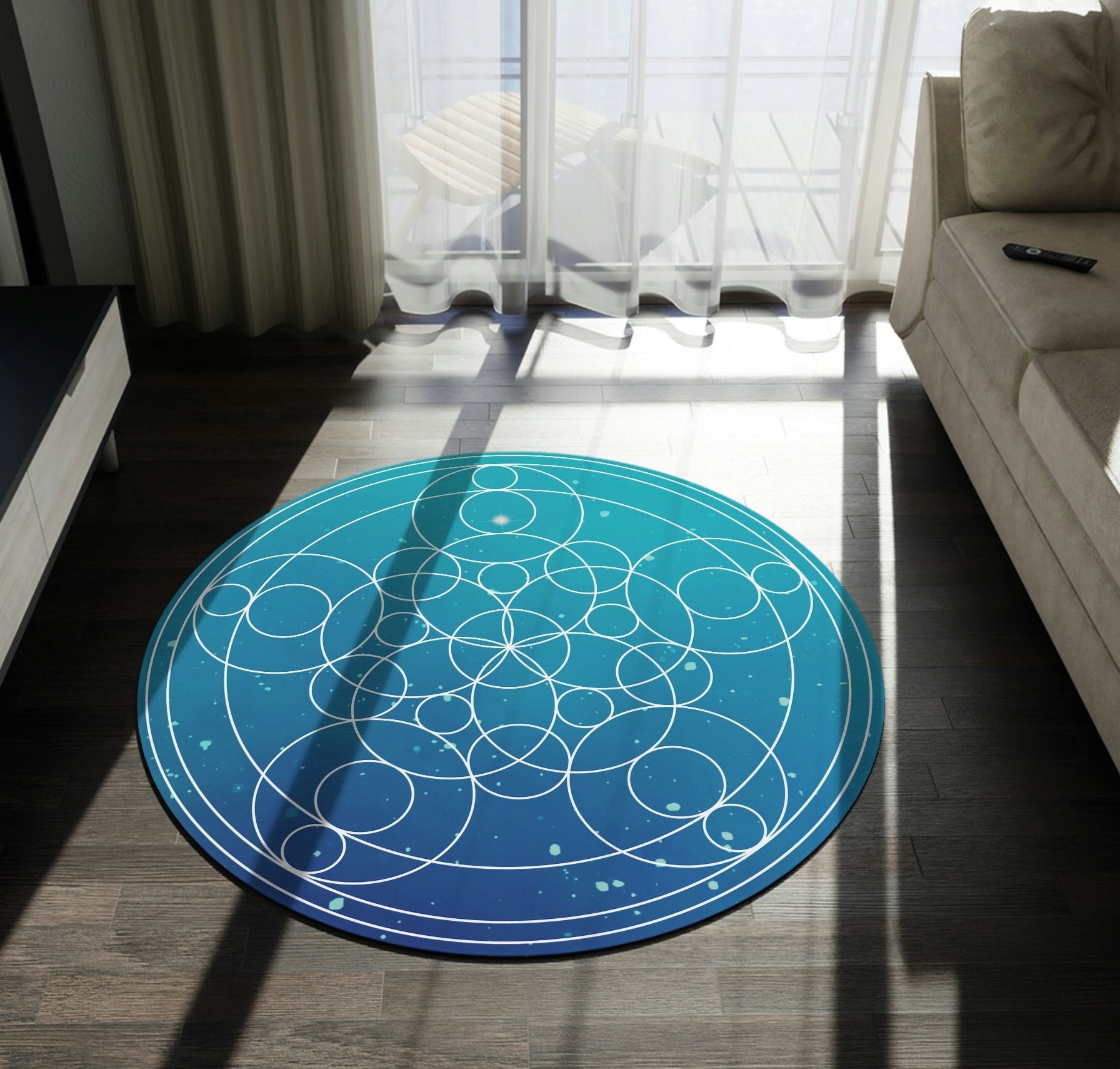 Round Rug Blue Geometric Rug Sacred Geometry Rug Blue Round Rug Sacred ...