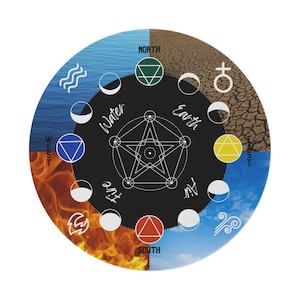 Tapete de fundição circular, tapete de elementos redondos, tapete espiritual, tapete de área de elementos de bruxa, tapete de fases da lua, tapete wicca, tapete wicca, tapete de geometria sagrada