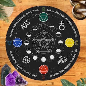 Tapete de fundição circular, tapete de elementos redondos, tapete espiritual, tapete de área de elementos de bruxa, tapete mágico, tapete wiccan, tapete wiccan redondo, tapete de grade de cristal