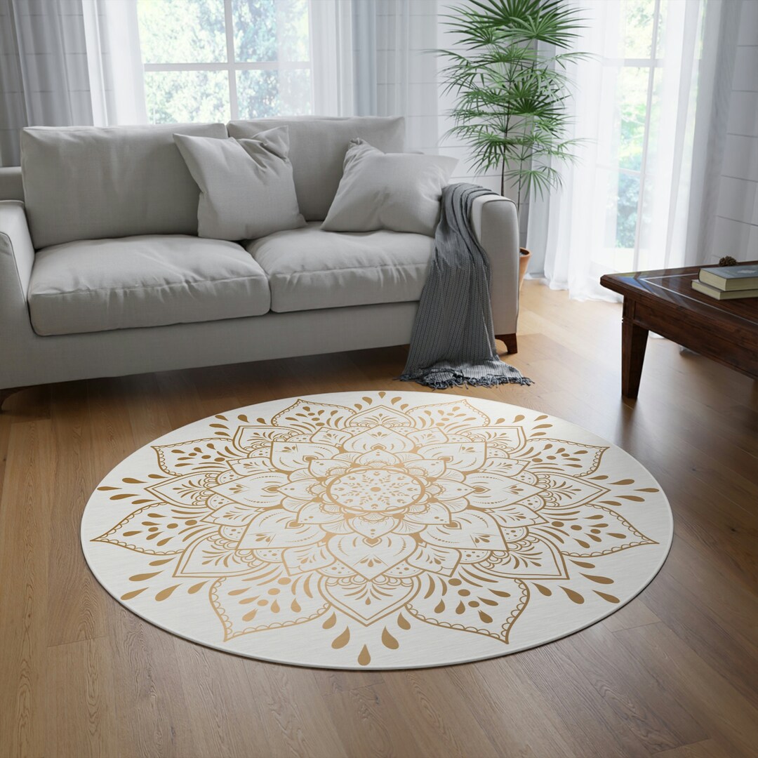 Gold and White Mandala Rug Round Mandala Rug Gold Flower Rug Etsy
