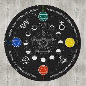 Tapete de fundição circular, tapete de elementos redondos, tapete espiritual, tapete de área de elementos de bruxa, tapete mágico, tapete wiccan, tapete wicca, tapete wiccan redondo, tapete mágico de bruxa