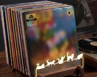 Custom Walnut Cat Vinyl Record Holder, Personalized LED Music Display Stand, Vintage Mid-Century Home Decor
