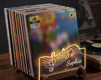 Custom Name Vinyl Record Storage, Personalized Music Album Display with Led Light, Wooden Holder Rack Records Collection Lover Gift