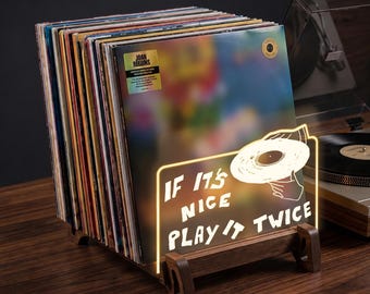 Personalized Vinyl Record Storage, Solid Wood Mid-Century Style Records Holder, LED Music Display