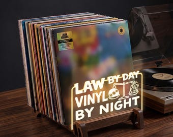 Personalized Vinyl Record Storage for Lawyer, Solid Wood Mid-Century Style Records Holder, LED Music Display, Gift for Attorney