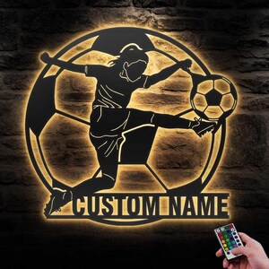 Custom Female Soccer Metal Wall Art LED Light Personalized Girl Football Player Lover Sign Home Decor Kid Nursery Decoration Mom Birthday
