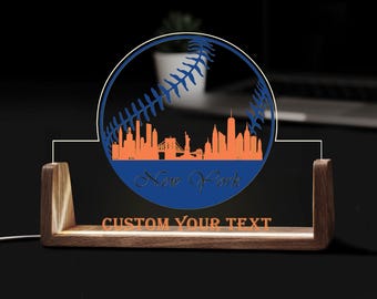 Placa de escritorio personalizada con el horizonte de la ciudad de béisbol de Nueva York, luz LED acrílica personalizada, base de madera, regalo para fanáticos del deporte, letrero decorativo para mesa de oficina