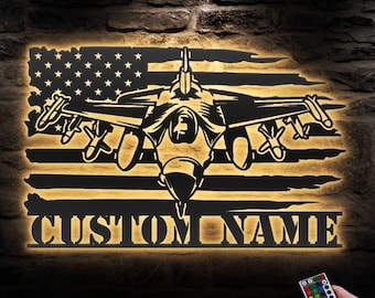 Custom US Fighter Jet Pilot Metal Wall Art LED Light Personalized Aircraft American Name Sign Home Decor Aircraft Hangar Air Force USA Flag
