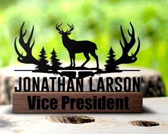Custom Deer Hunting Desk Name Plate Wedge, Personalized Hunter Nameplate Executive Office Sign Company Shelf Tabletop Plaque Antler Decor