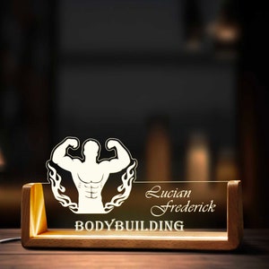 Custom Bodybuilding Workout Desk Name Plate Personalized LED Light Wooden Base Acrylic Office Accessories Wood Name Sign Decor Gift zdjęcie 4