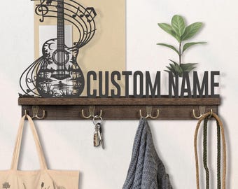 Estante flotante de madera con forma de guitarra personalizada, letrero de metal para pared, regalo personalizado para guitarrista, músico, compositor, profesor de música, decoración, llavero con gancho