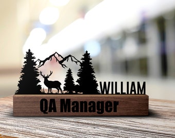 Custom Deer Hunting Desk Name Plate Wedge Personalized Hunter Nameplate Executive Office Sign Company Shelf Tabletop Antler Plaque Decor