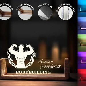 Custom Bodybuilding Workout Desk Name Plate Personalized LED Light Wooden Base Acrylic Office Accessories Wood Name Sign Decor Gift zdjęcie 2