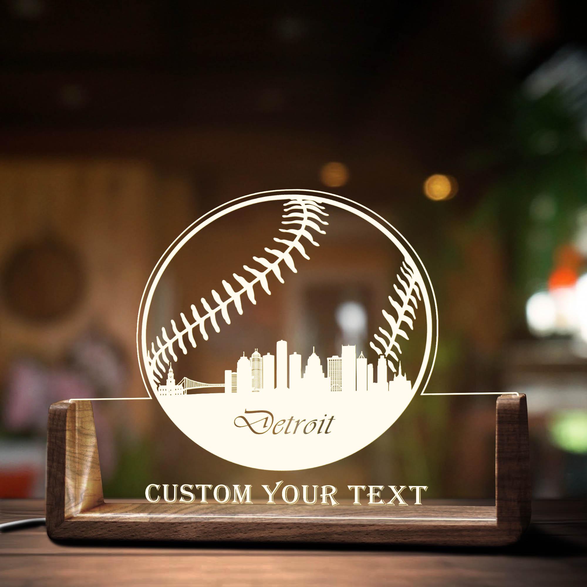 Custom Detroit Skyline Desk Name Plate Personalized Baseball LED Light ...