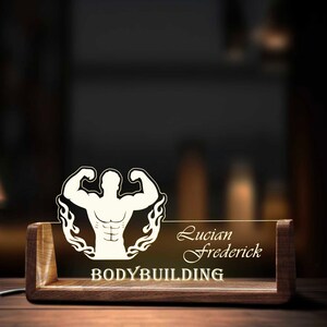 Custom Bodybuilding Workout Desk Name Plate Personalized LED Light Wooden Base Acrylic Office Accessories Wood Name Sign Decor Gift zdjęcie 3